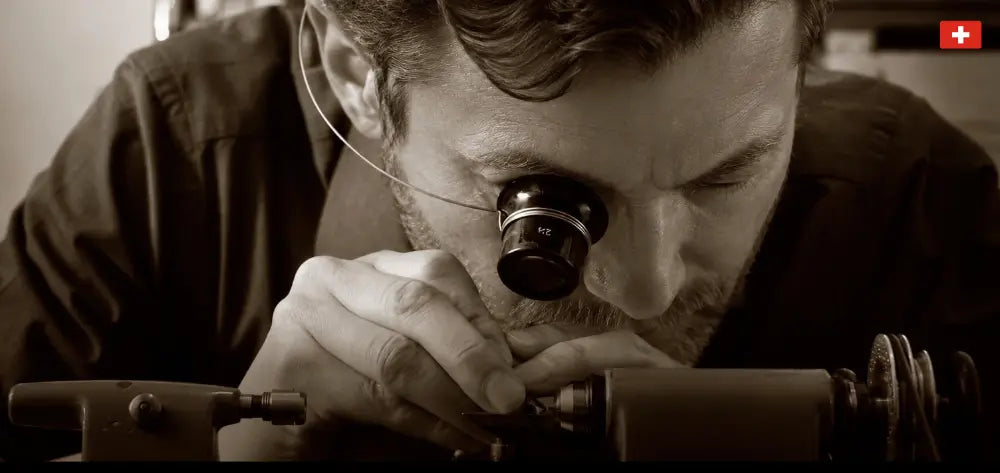 A watchmaker sighting through a loupe over a lathe