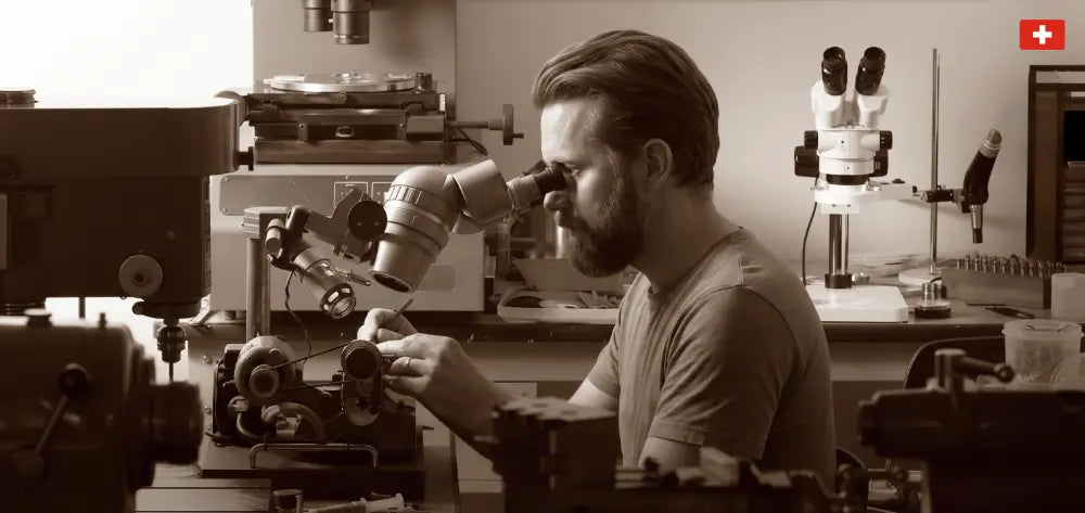 A watchmaker at the bench, working under a stereo microscope